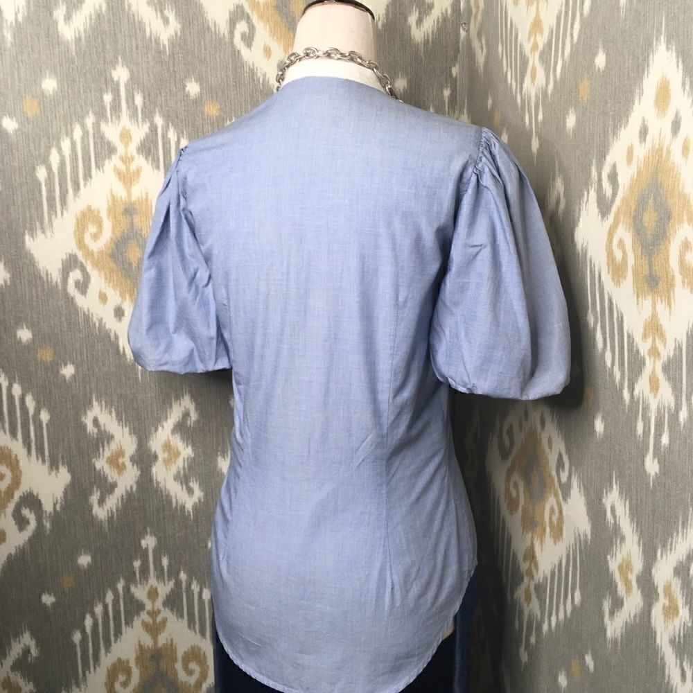 Ralph Lauren Blue & Off White Pouf Sleeve Bib Front Cotton Tuxedo Blouse - Picture 8 of 13